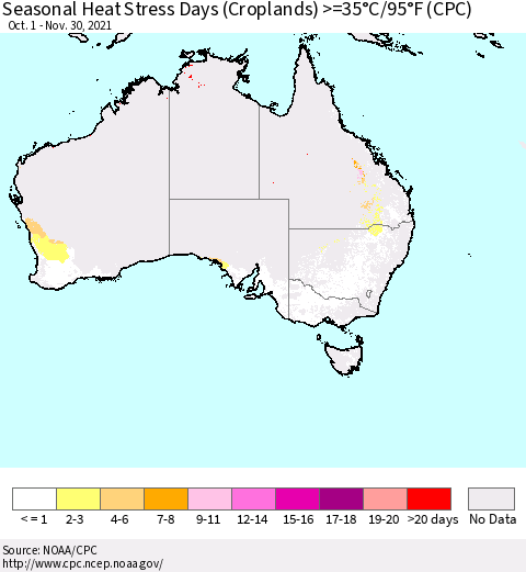 Australia Seasonal Heat Stress Days (Croplands) >=35°C/95°F (CPC) Thematic Map For 10/1/2021 - 11/30/2021