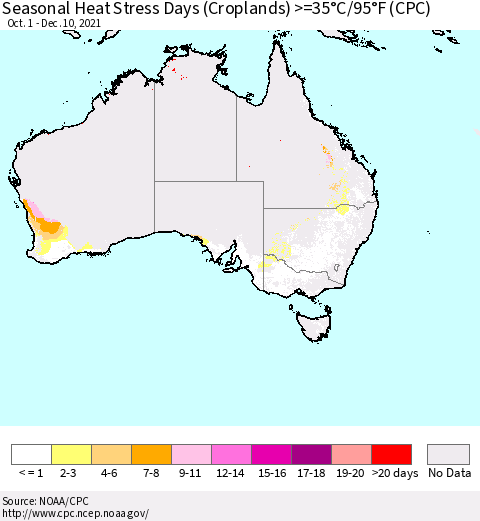 Australia Seasonal Heat Stress Days (Croplands) >=35°C/95°F (CPC) Thematic Map For 10/1/2021 - 12/10/2021