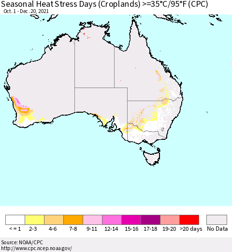 Australia Seasonal Heat Stress Days (Croplands) >=35°C/95°F (CPC) Thematic Map For 10/1/2021 - 12/20/2021