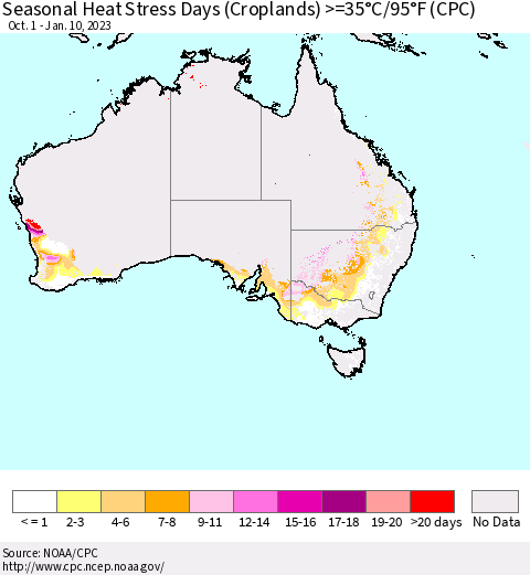Australia Seasonal Heat Stress Days (Croplands) >=35°C/95°F (CPC) Thematic Map For 10/1/2022 - 1/10/2023