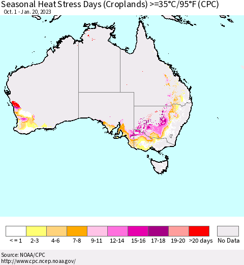 Australia Seasonal Heat Stress Days (Croplands) >=35°C/95°F (CPC) Thematic Map For 10/1/2022 - 1/20/2023