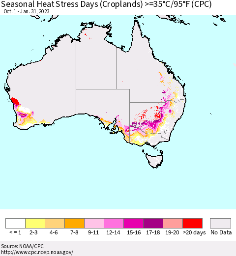 Australia Seasonal Heat Stress Days (Croplands) >=35°C/95°F (CPC) Thematic Map For 10/1/2022 - 1/31/2023
