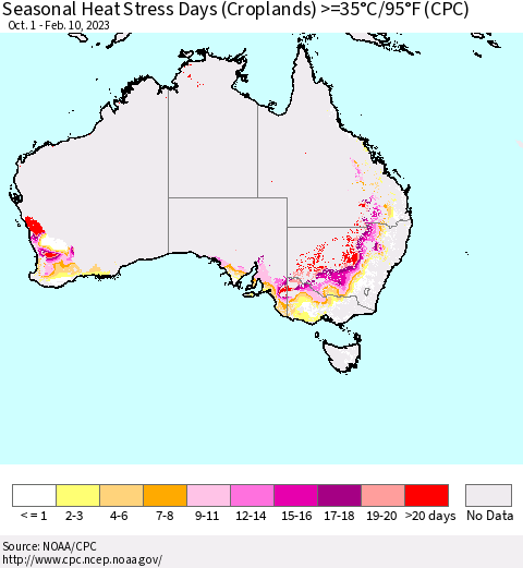 Australia Seasonal Heat Stress Days (Croplands) >=35°C/95°F (CPC) Thematic Map For 10/1/2022 - 2/10/2023