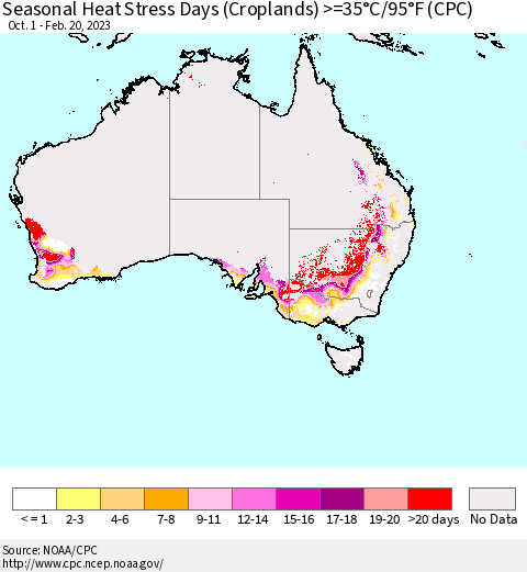 Australia Seasonal Heat Stress Days (Croplands) >=35°C/95°F (CPC) Thematic Map For 10/1/2022 - 2/20/2023
