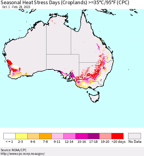 Australia Seasonal Heat Stress Days (Croplands) >=35°C/95°F (CPC) Thematic Map For 10/1/2022 - 2/28/2023