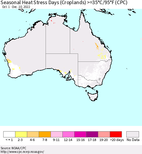 Australia Seasonal Heat Stress Days (Croplands) >=35°C/95°F (CPC) Thematic Map For 10/1/2022 - 12/10/2022