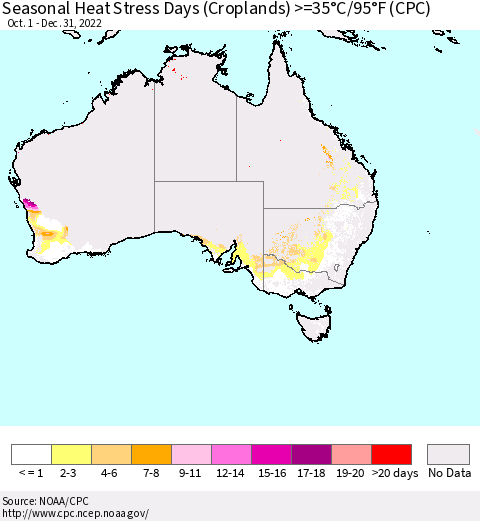 Australia Seasonal Heat Stress Days (Croplands) >=35°C/95°F (CPC) Thematic Map For 10/1/2022 - 12/31/2022