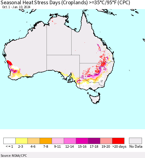 Australia Seasonal Heat Stress Days (Croplands) >=35°C/95°F (CPC) Thematic Map For 10/1/2023 - 1/10/2024