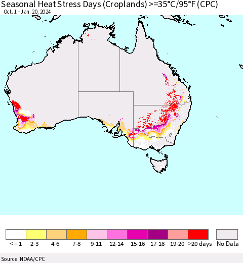 Australia Seasonal Heat Stress Days (Croplands) >=35°C/95°F (CPC) Thematic Map For 10/1/2023 - 1/20/2024