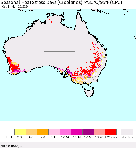Australia Seasonal Heat Stress Days (Croplands) >=35°C/95°F (CPC) Thematic Map For 10/1/2023 - 3/10/2024