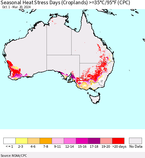Australia Seasonal Heat Stress Days (Croplands) >=35°C/95°F (CPC) Thematic Map For 10/1/2023 - 3/20/2024
