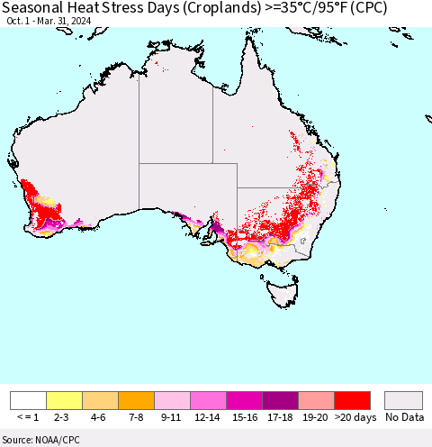 Australia Seasonal Heat Stress Days (Croplands) >=35°C/95°F (CPC) Thematic Map For 10/1/2023 - 3/31/2024