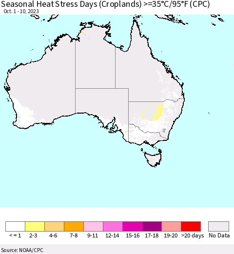 Australia Seasonal Heat Stress Days (Croplands) >=35°C/95°F (CPC) Thematic Map For 10/1/2023 - 10/10/2023