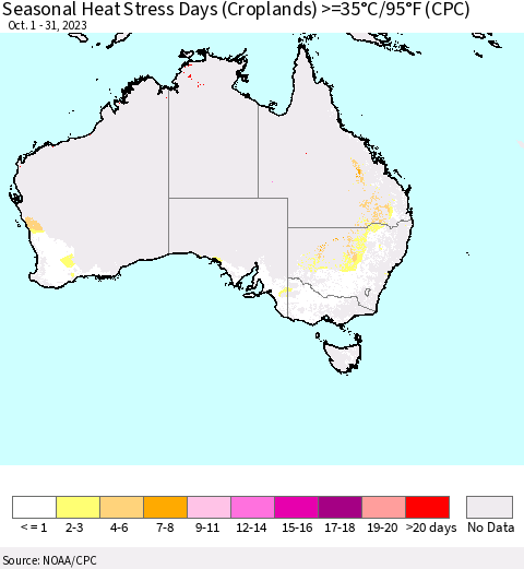 Australia Seasonal Heat Stress Days (Croplands) >=35°C/95°F (CPC) Thematic Map For 10/1/2023 - 10/31/2023