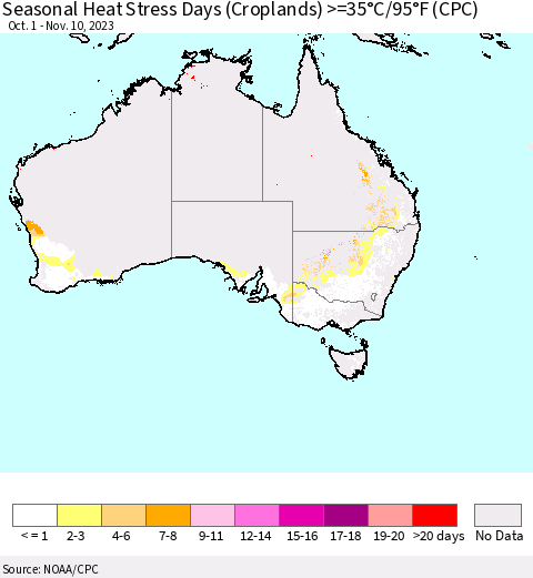 Australia Seasonal Heat Stress Days (Croplands) >=35°C/95°F (CPC) Thematic Map For 10/1/2023 - 11/10/2023