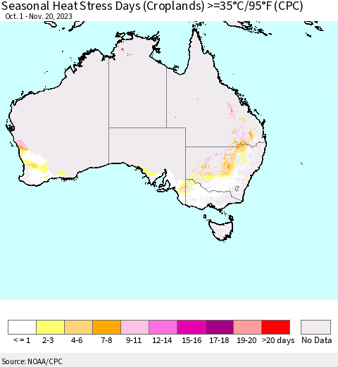 Australia Seasonal Heat Stress Days (Croplands) >=35°C/95°F (CPC) Thematic Map For 10/1/2023 - 11/20/2023