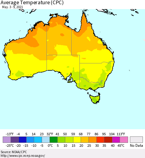 Australia Average Temperature (CPC) Thematic Map For 5/3/2021 - 5/9/2021