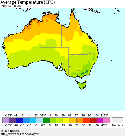 Australia Average Temperature (CPC) Thematic Map For 5/24/2021 - 5/30/2021
