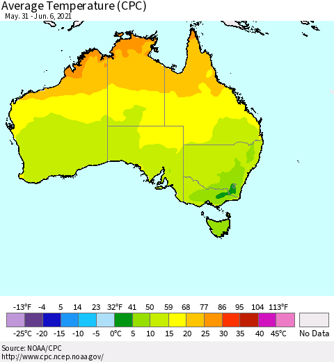 Australia Average Temperature (CPC) Thematic Map For 5/31/2021 - 6/6/2021