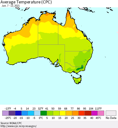 Australia Average Temperature (CPC) Thematic Map For 6/7/2021 - 6/13/2021