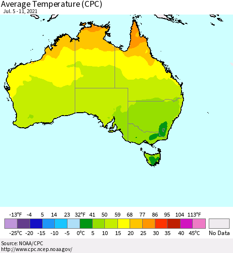 Australia Average Temperature (CPC) Thematic Map For 7/5/2021 - 7/11/2021