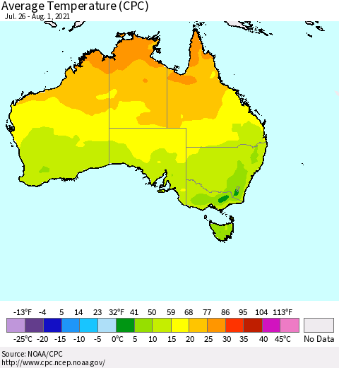 Australia Average Temperature (CPC) Thematic Map For 7/26/2021 - 8/1/2021