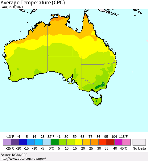 Australia Average Temperature (CPC) Thematic Map For 8/2/2021 - 8/8/2021