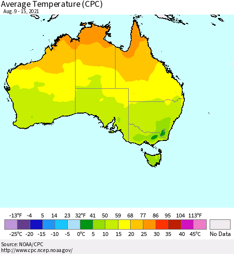 Australia Average Temperature (CPC) Thematic Map For 8/9/2021 - 8/15/2021