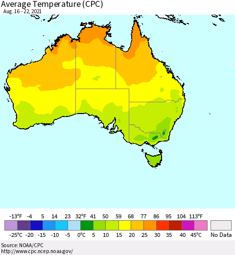 Australia Average Temperature (CPC) Thematic Map For 8/16/2021 - 8/22/2021