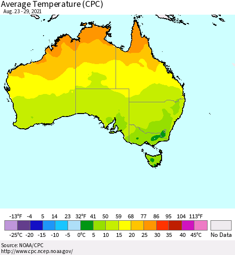 Australia Average Temperature (CPC) Thematic Map For 8/23/2021 - 8/29/2021