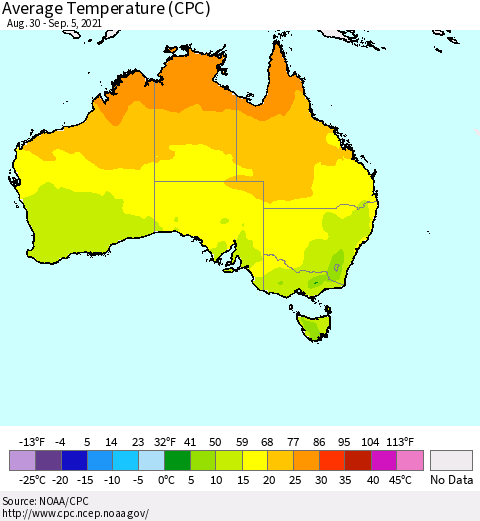 Australia Average Temperature (CPC) Thematic Map For 8/30/2021 - 9/5/2021