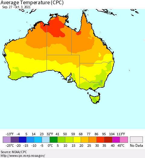 Australia Average Temperature (CPC) Thematic Map For 9/27/2021 - 10/3/2021