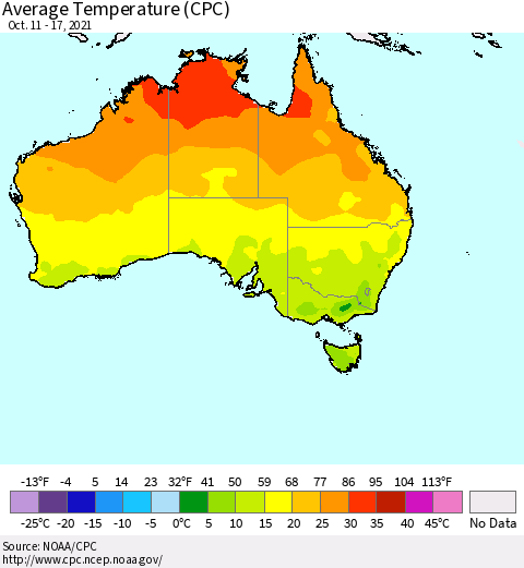 Australia Average Temperature (CPC) Thematic Map For 10/11/2021 - 10/17/2021