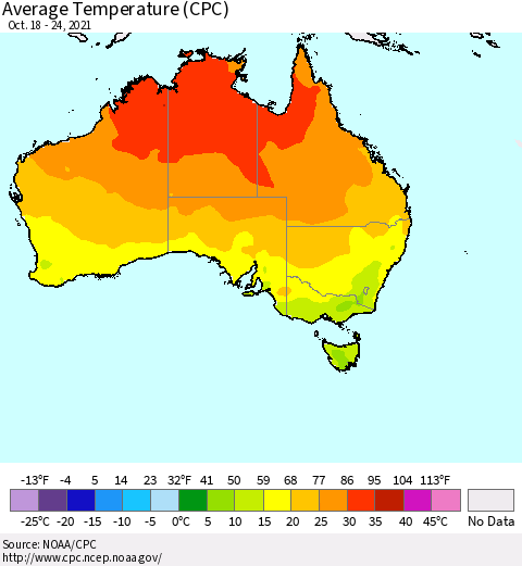 Australia Average Temperature (CPC) Thematic Map For 10/18/2021 - 10/24/2021