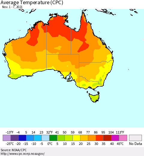 Australia Average Temperature (CPC) Thematic Map For 11/1/2021 - 11/7/2021