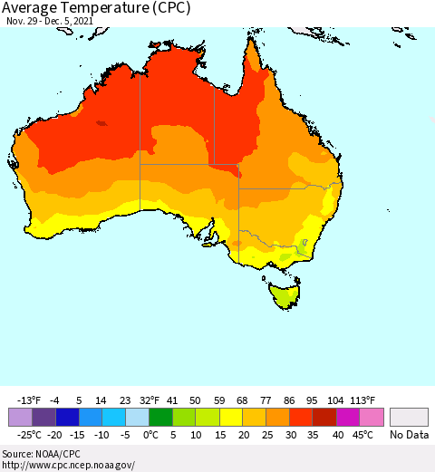 Australia Average Temperature (CPC) Thematic Map For 11/29/2021 - 12/5/2021