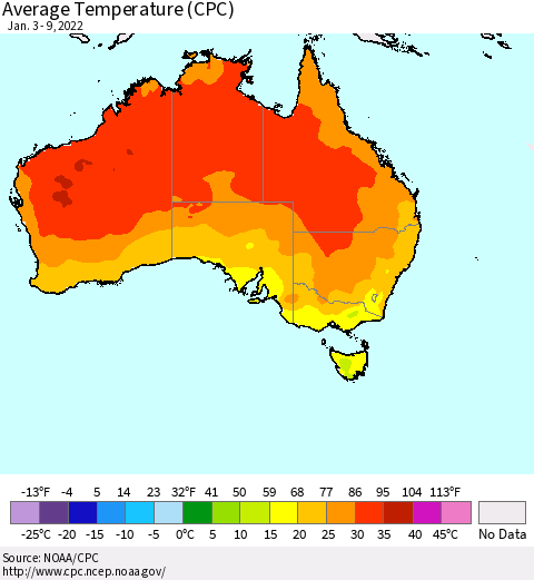 Australia Average Temperature (CPC) Thematic Map For 1/3/2022 - 1/9/2022