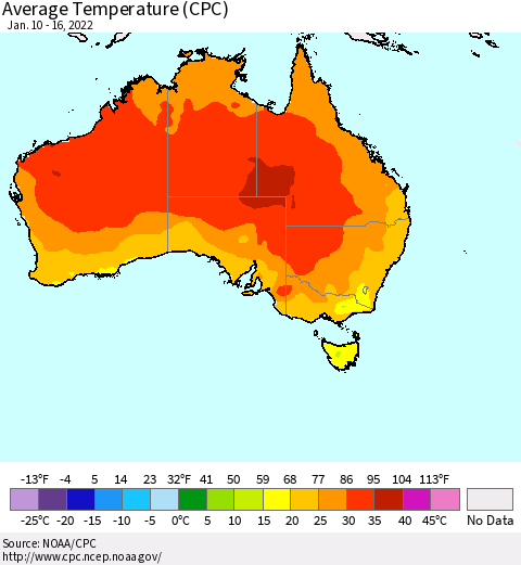 Australia Average Temperature (CPC) Thematic Map For 1/10/2022 - 1/16/2022