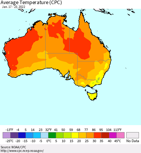 Australia Average Temperature (CPC) Thematic Map For 1/17/2022 - 1/23/2022