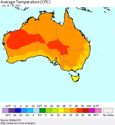 Australia Average Temperature (CPC) Thematic Map For 1/24/2022 - 1/30/2022