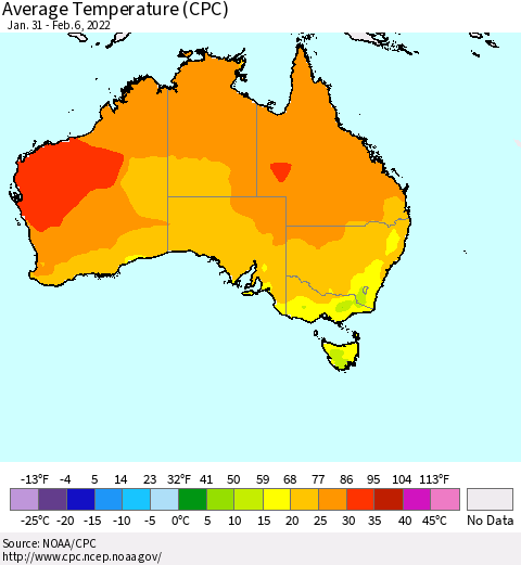 Australia Average Temperature (CPC) Thematic Map For 1/31/2022 - 2/6/2022