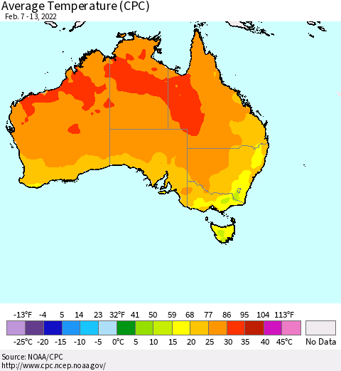 Australia Average Temperature (CPC) Thematic Map For 2/7/2022 - 2/13/2022