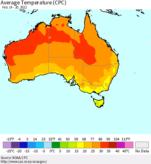 Australia Average Temperature (CPC) Thematic Map For 2/14/2022 - 2/20/2022