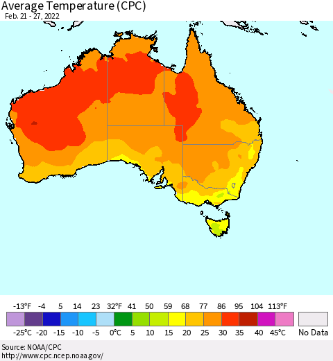 Australia Average Temperature (CPC) Thematic Map For 2/21/2022 - 2/27/2022