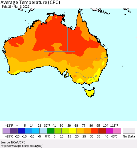 Australia Average Temperature (CPC) Thematic Map For 2/28/2022 - 3/6/2022