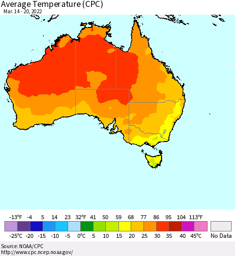 Australia Average Temperature (CPC) Thematic Map For 3/14/2022 - 3/20/2022