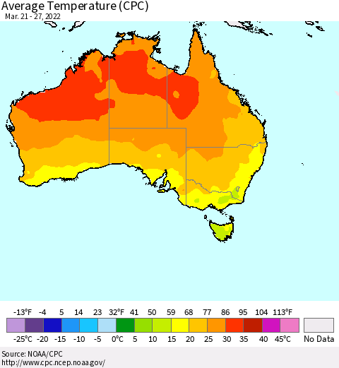 Australia Average Temperature (CPC) Thematic Map For 3/21/2022 - 3/27/2022