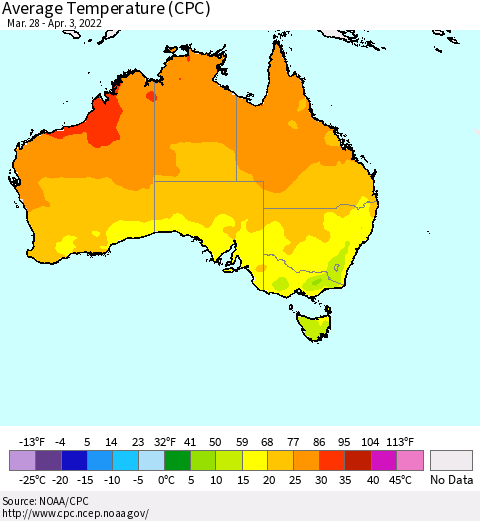Australia Average Temperature (CPC) Thematic Map For 3/28/2022 - 4/3/2022