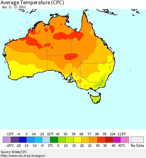 Australia Average Temperature (CPC) Thematic Map For 4/11/2022 - 4/17/2022