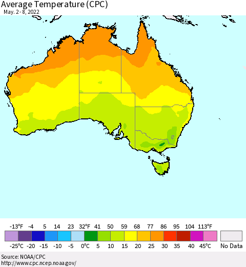 Australia Average Temperature (CPC) Thematic Map For 5/2/2022 - 5/8/2022